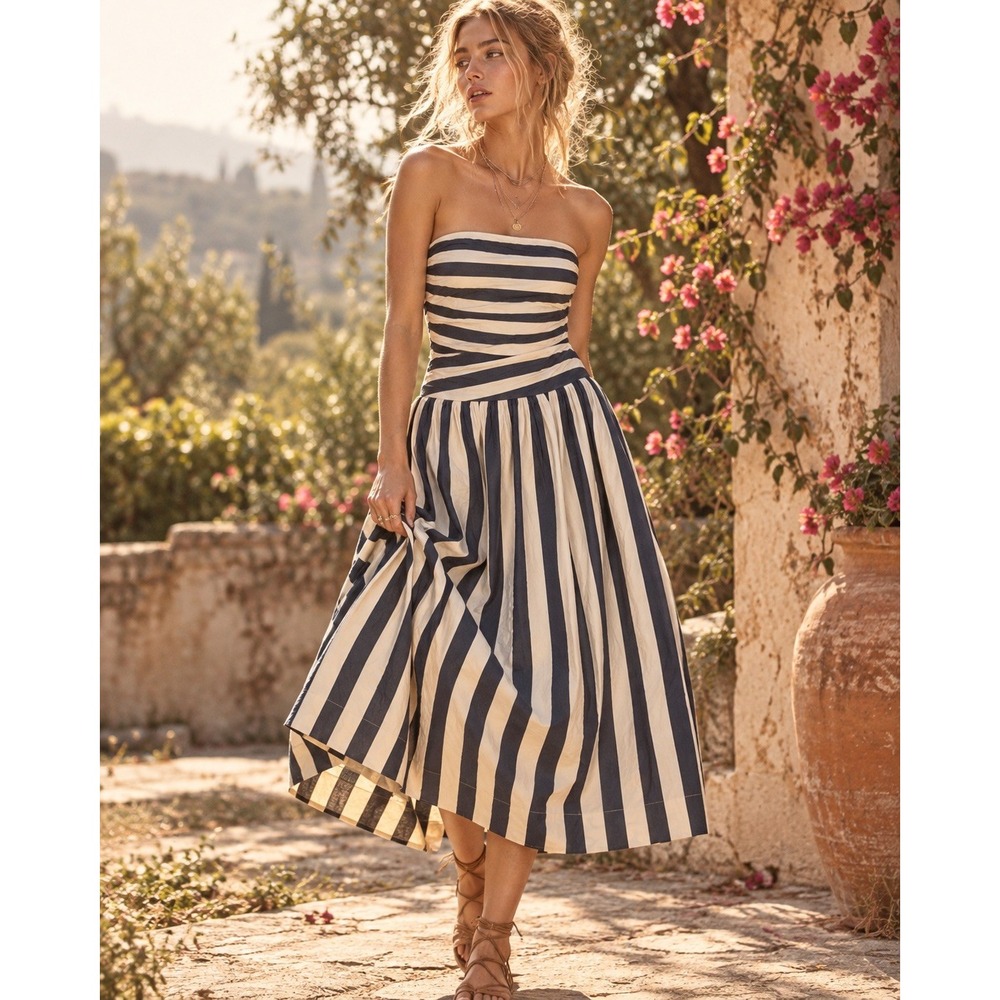 Every Navy White Striped Strapless Linen Blend Midi Dress EV7240RLN Size M